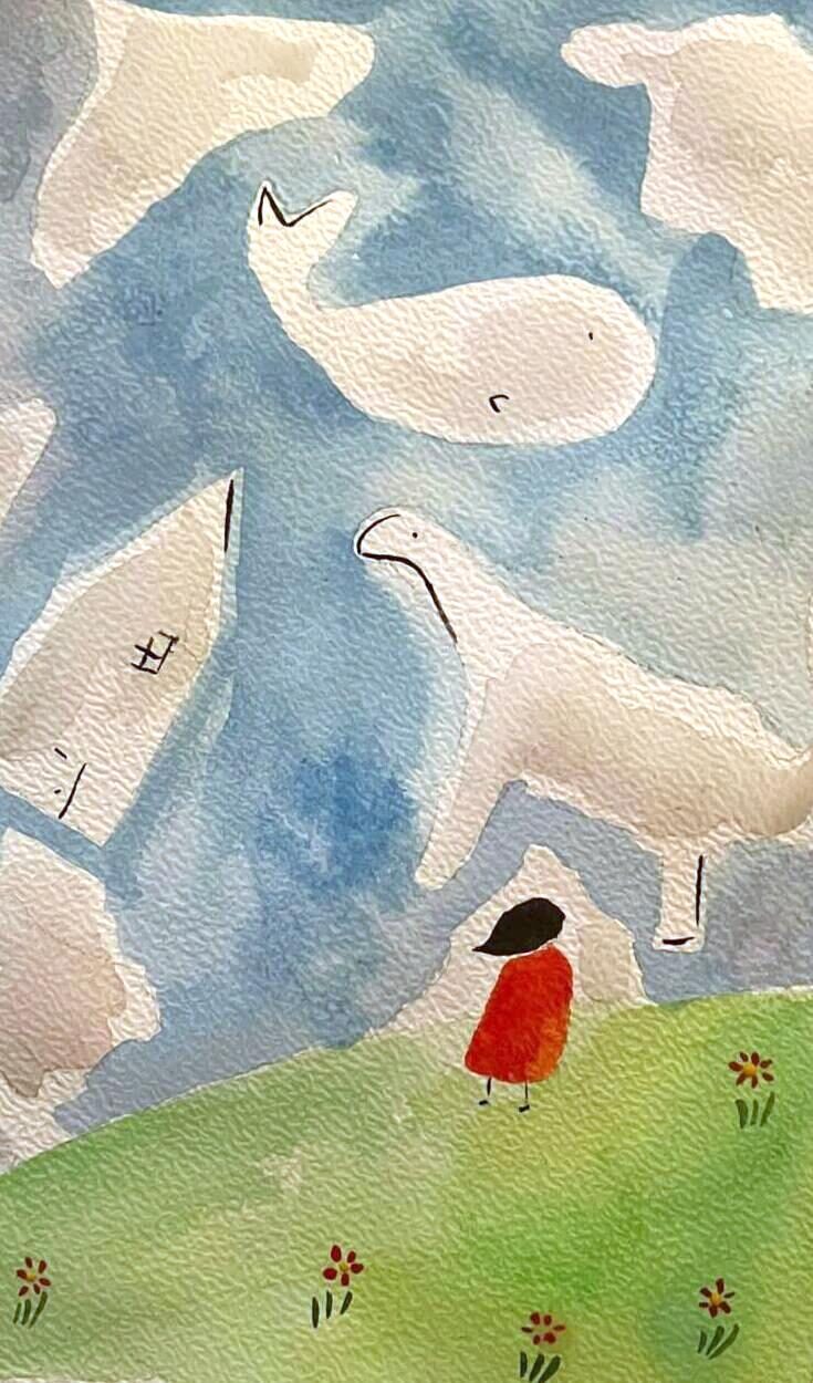 Acquerello: una bambina con il cappotto rosso su un prato fiorito guarda il cielo, dove le nuvole hanno la forma di una balena e di un dinosauro